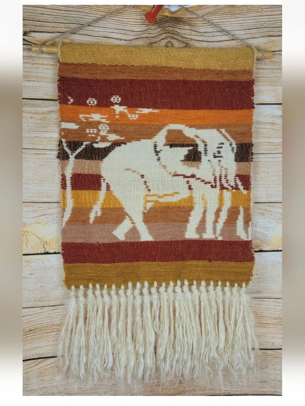 Vintage Mid Century Elephant Woven Reversible Tapestry Wall Hanging